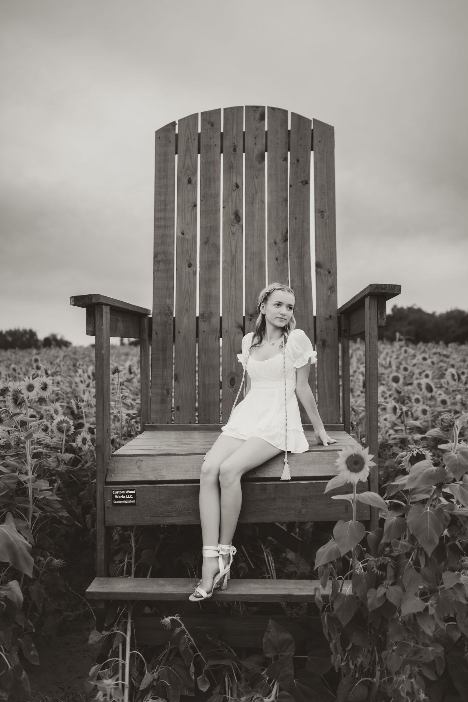 A rustic wooden bench surrounded by blooming sunflowers against an overcast sky.