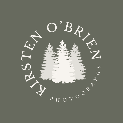 A circular photography logo with white pine trees silhouette and O'Brien Photography text on a dark gray background.