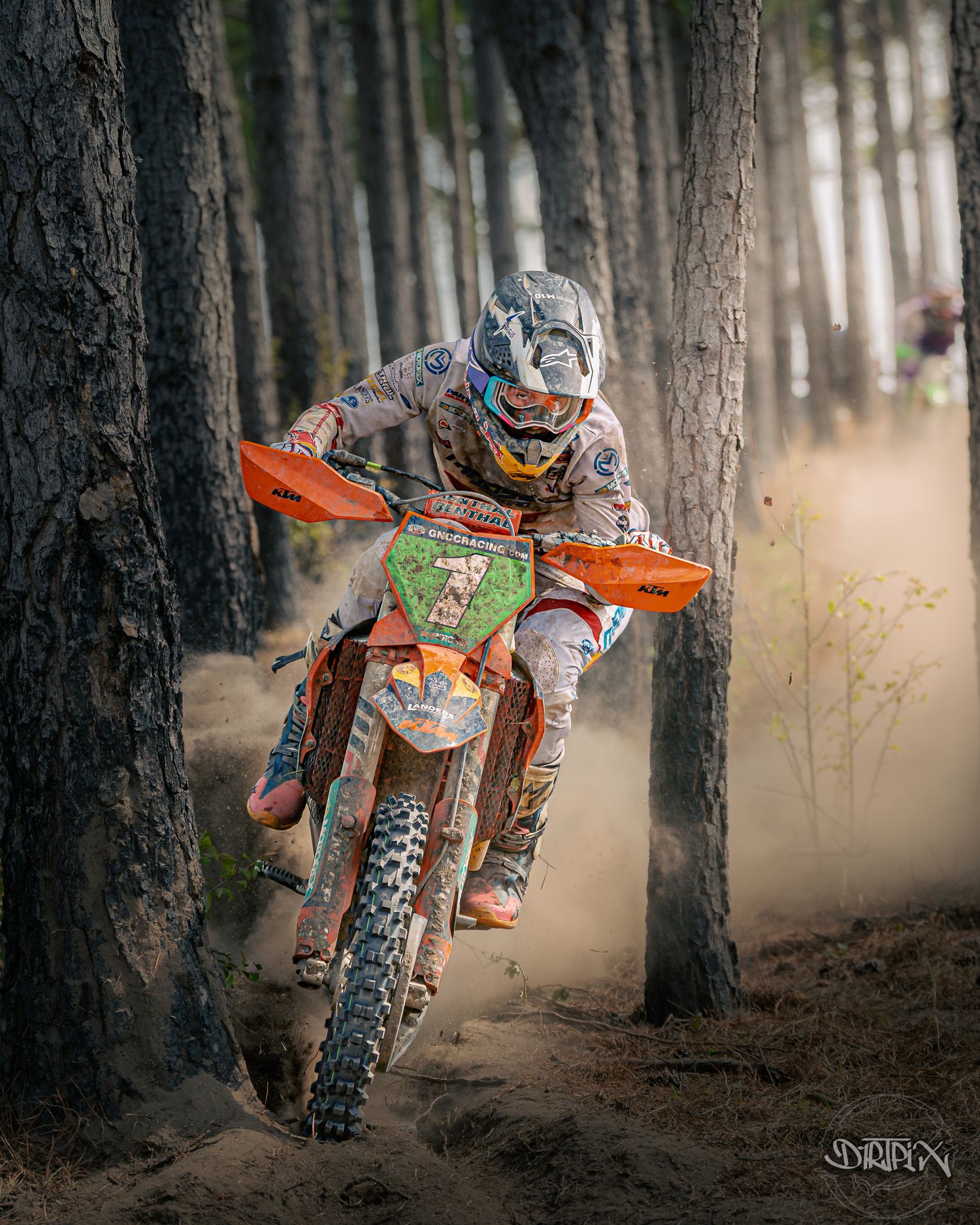 Dirt bike rider maneuvering through dense pine forest on dusty trail.