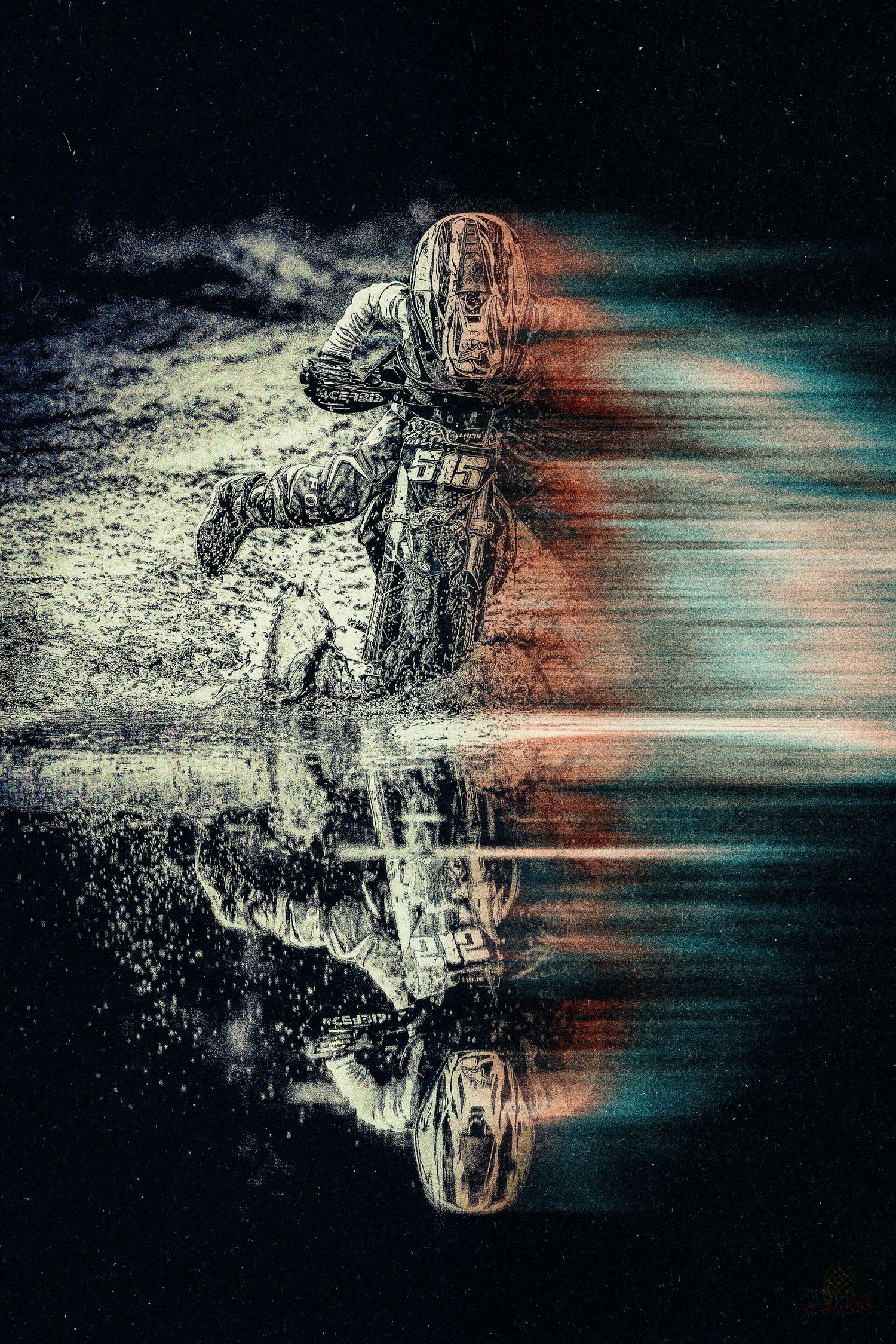 A motocross rider speeds through water, reflected below, with a dramatic glitch art effect in red and blue tones.
