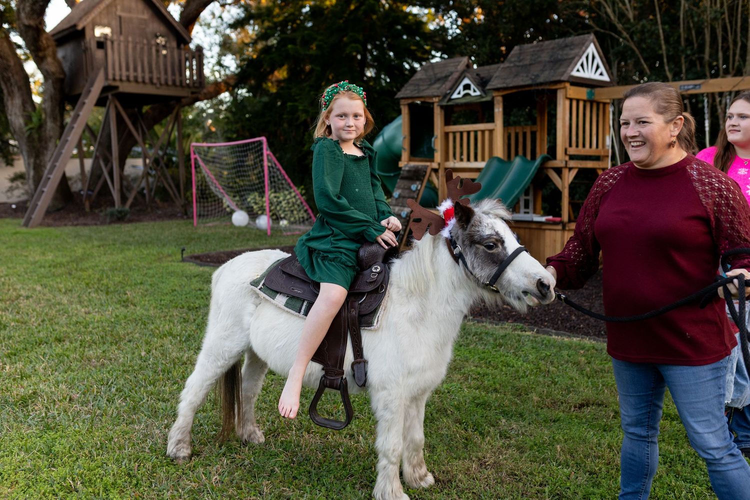A white pony stands in a backyard near playground equipment during golden hour.
