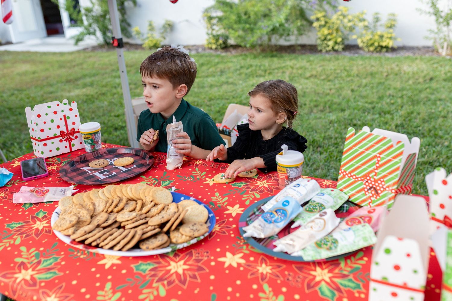 Holiday party spread with cookies and treats on a red tablecloth under a canopy.