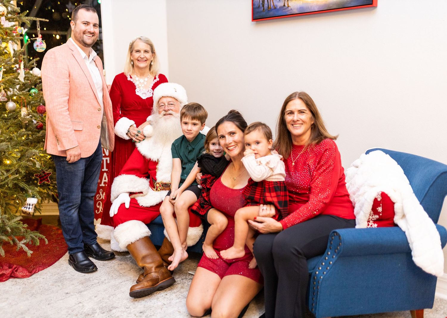 Series of holiday photos with Santa Claus and family in front of Christmas decorations.