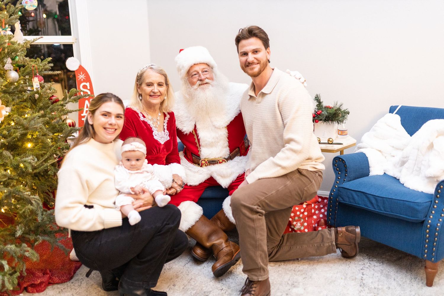 Multiple poses of a family Christmas photoshoot with Santa Claus and holiday decorations.