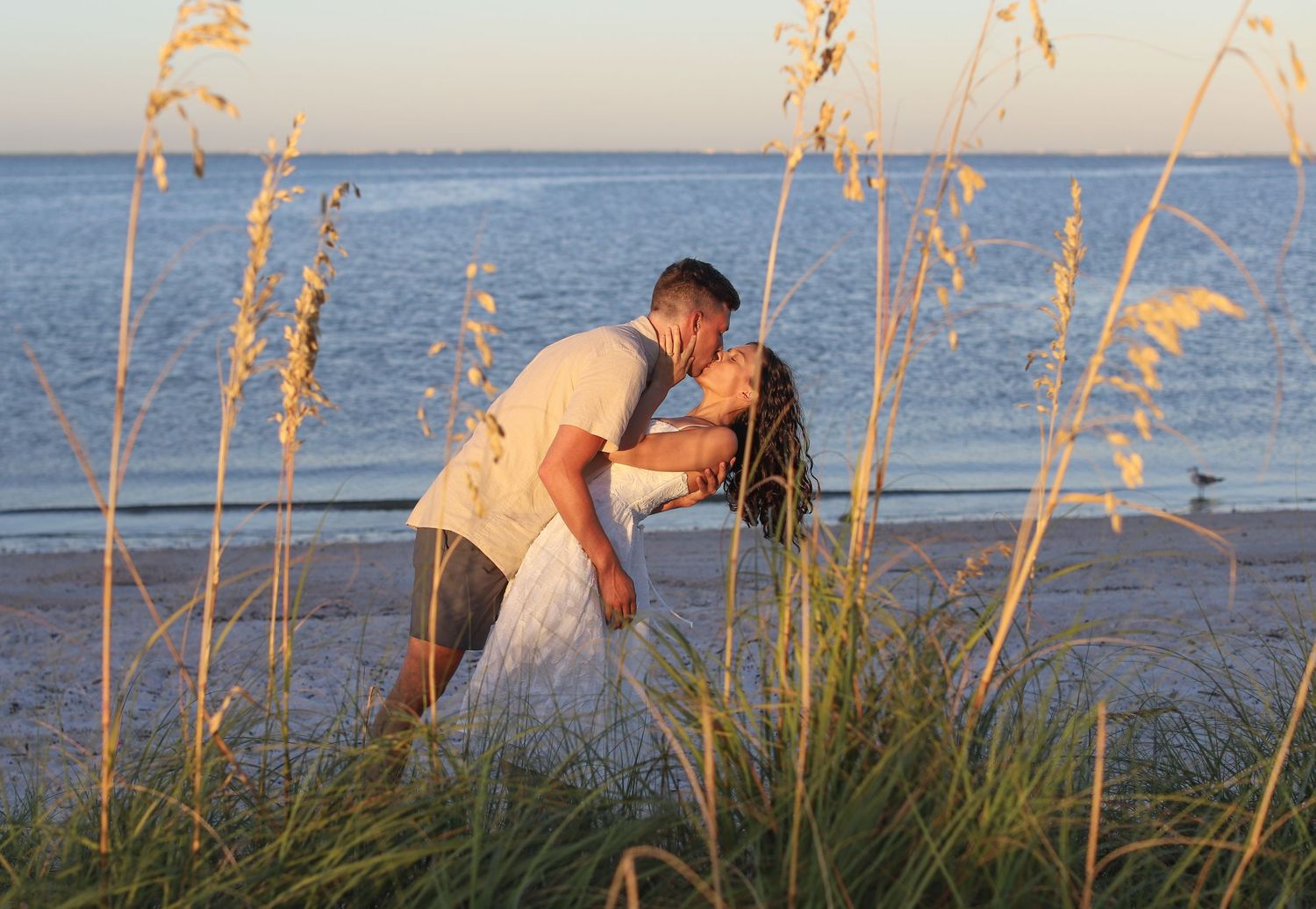 Couple sharing a romantic kiss on a sandy beach at sunset, framed by tall sea oats grass near the ocean.