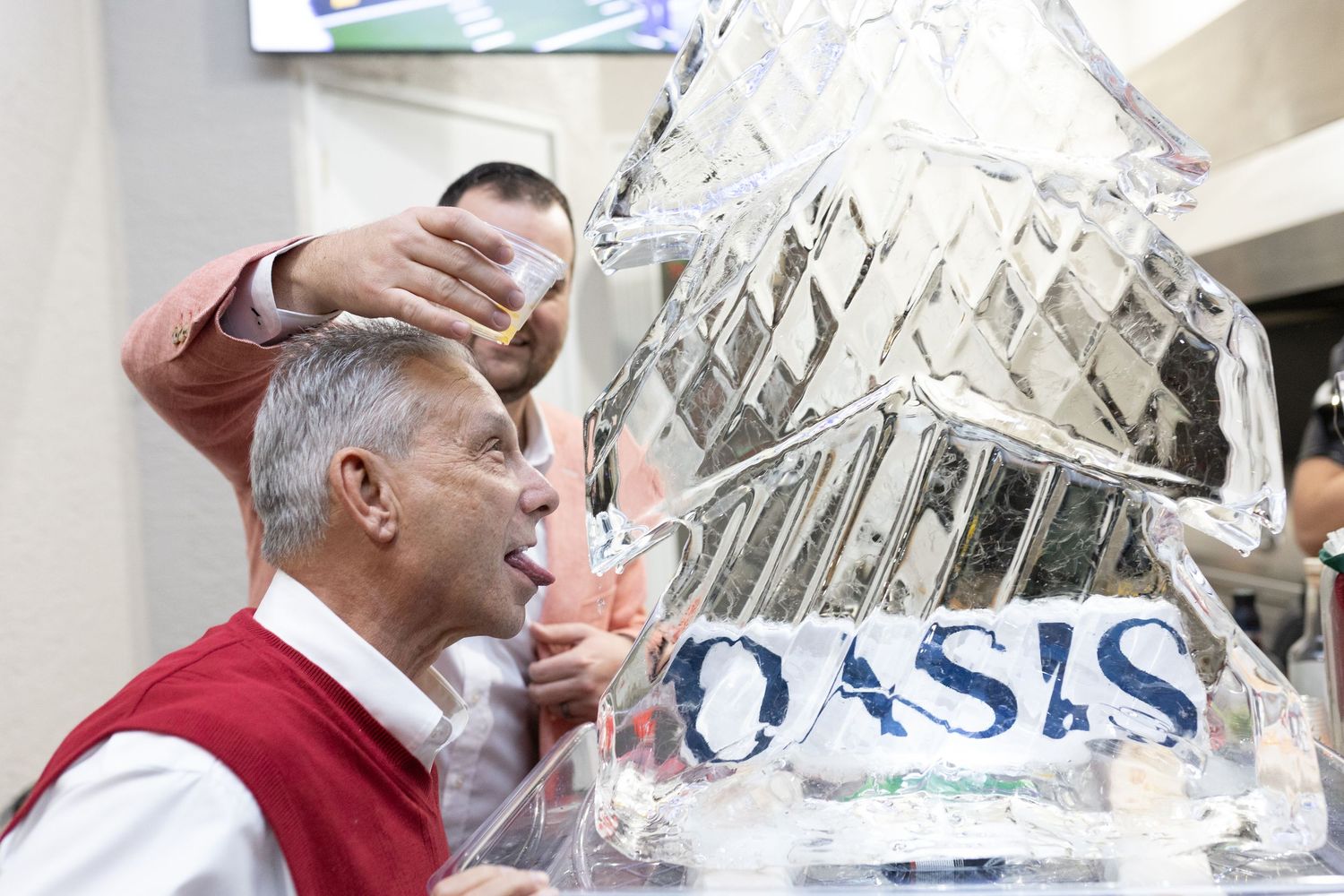 Abstract ice sculpture display at an indoor event.