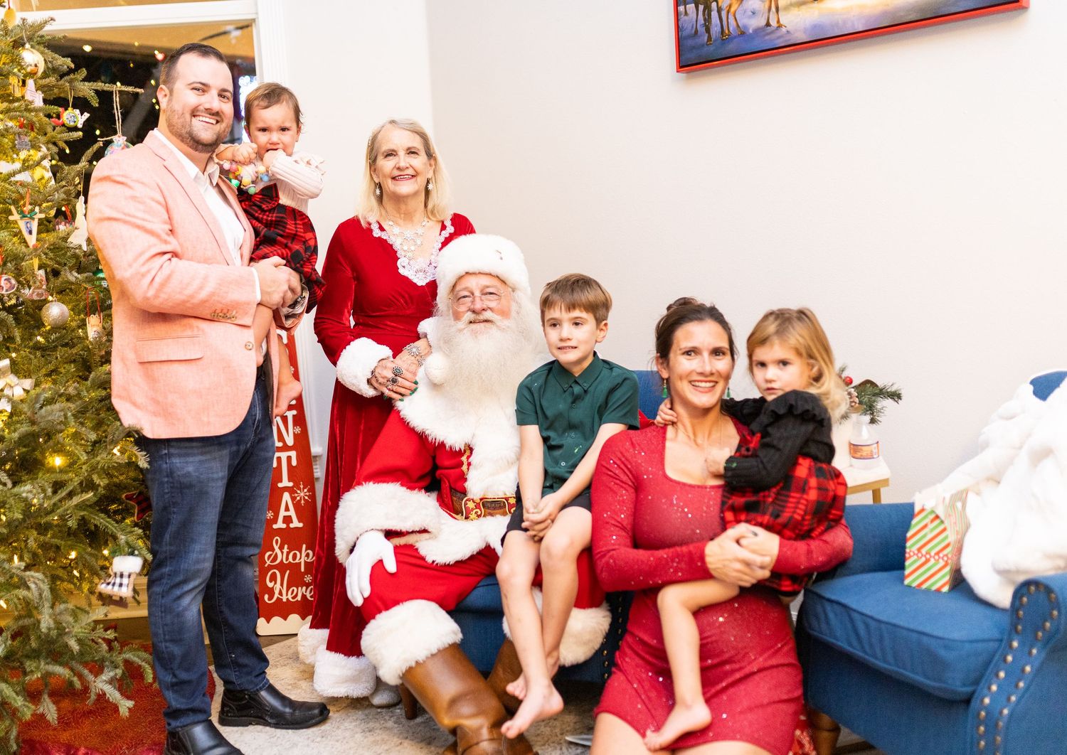 Holiday portrait session showing multiple poses with Santa Claus and decorated Christmas tree.