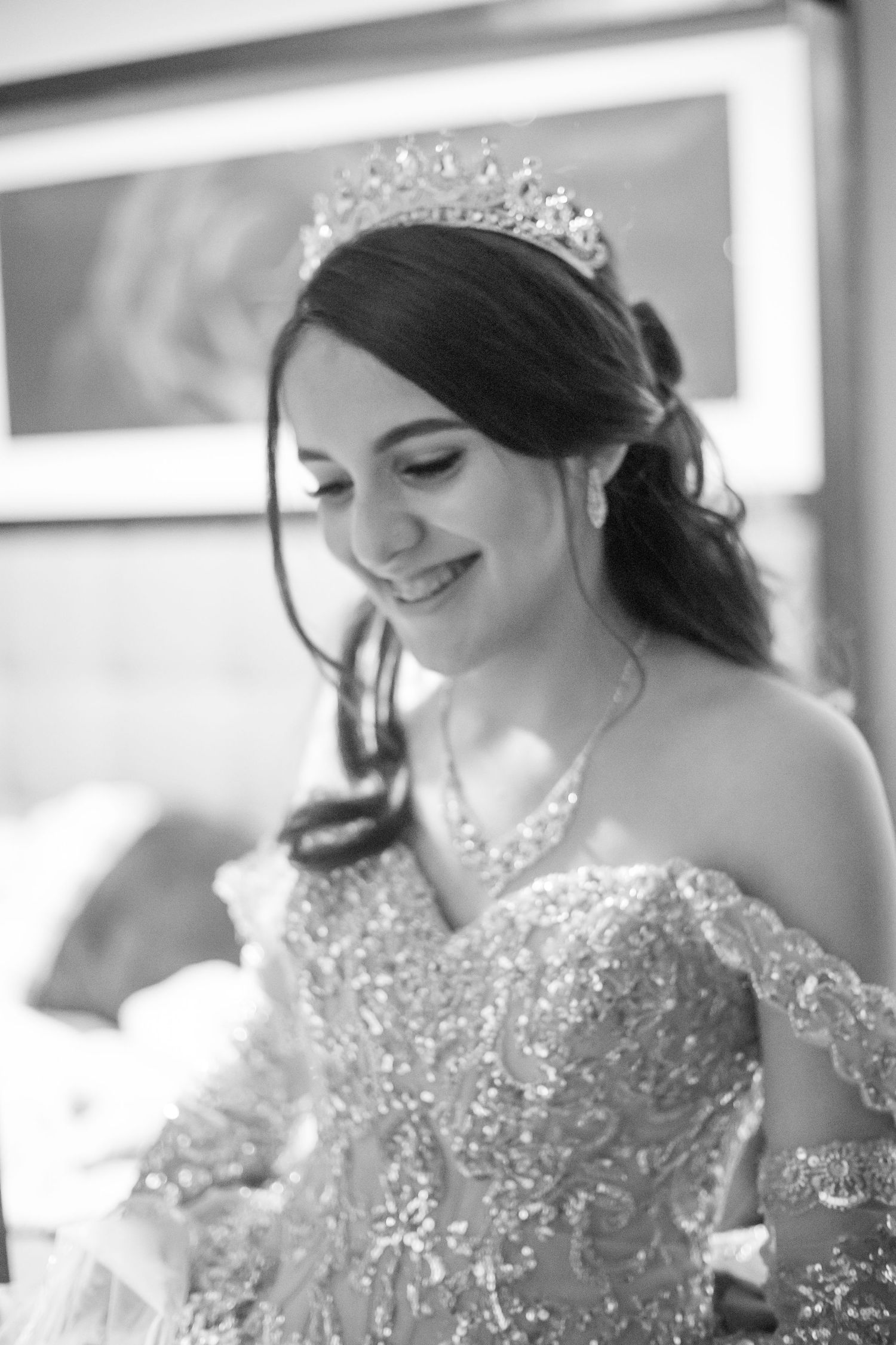 A black and white portrait showcasing a sparkly ball gown and tiara.