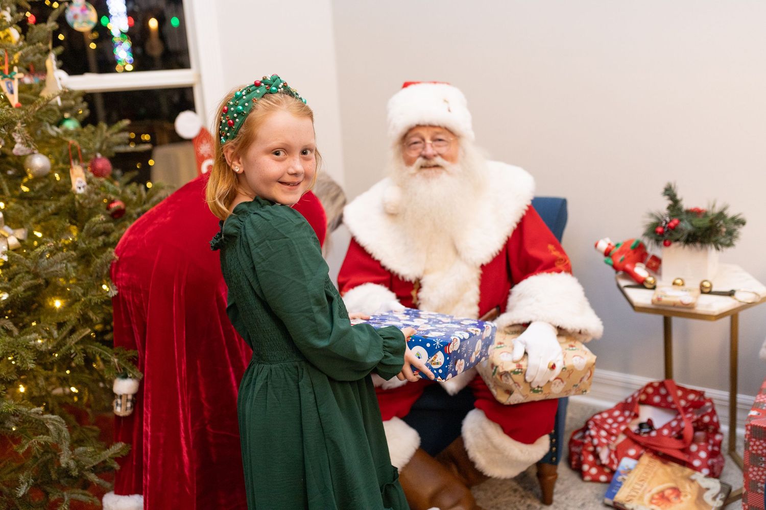 Christmas celebration with decorated trees and twinkling lights creating a warm atmosphere.
