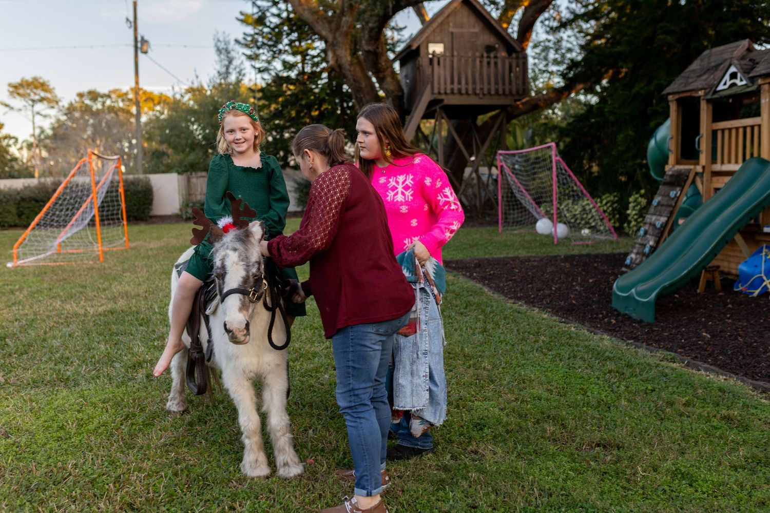 A white pony with a saddle stands in a grassy backyard area near a wooden playground structure at sunset.