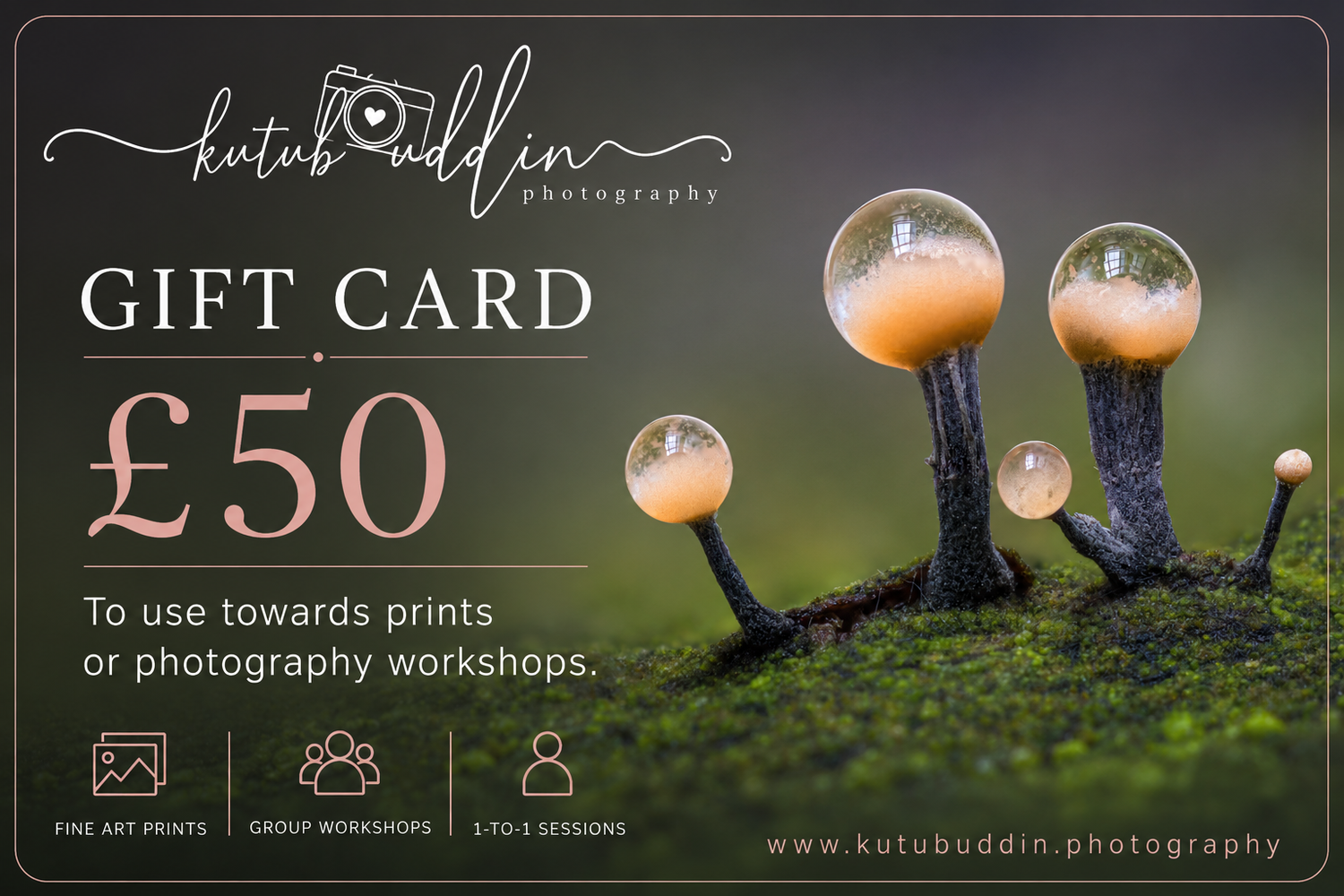 Kutub Uddin Photography £50 gift card featuring macro fungi on moss, redeemable for fine art prints or photography workshops.