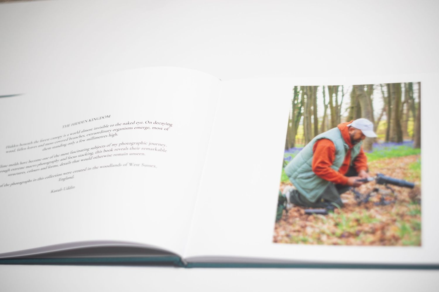 Open hardcover book with text on left page and photo of person kneeling in bluebell woodland on right page.