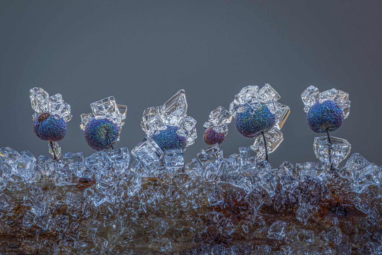 Macro photo of tiny frozen berries encased in intricate ice crystals on a frost-covered surface.