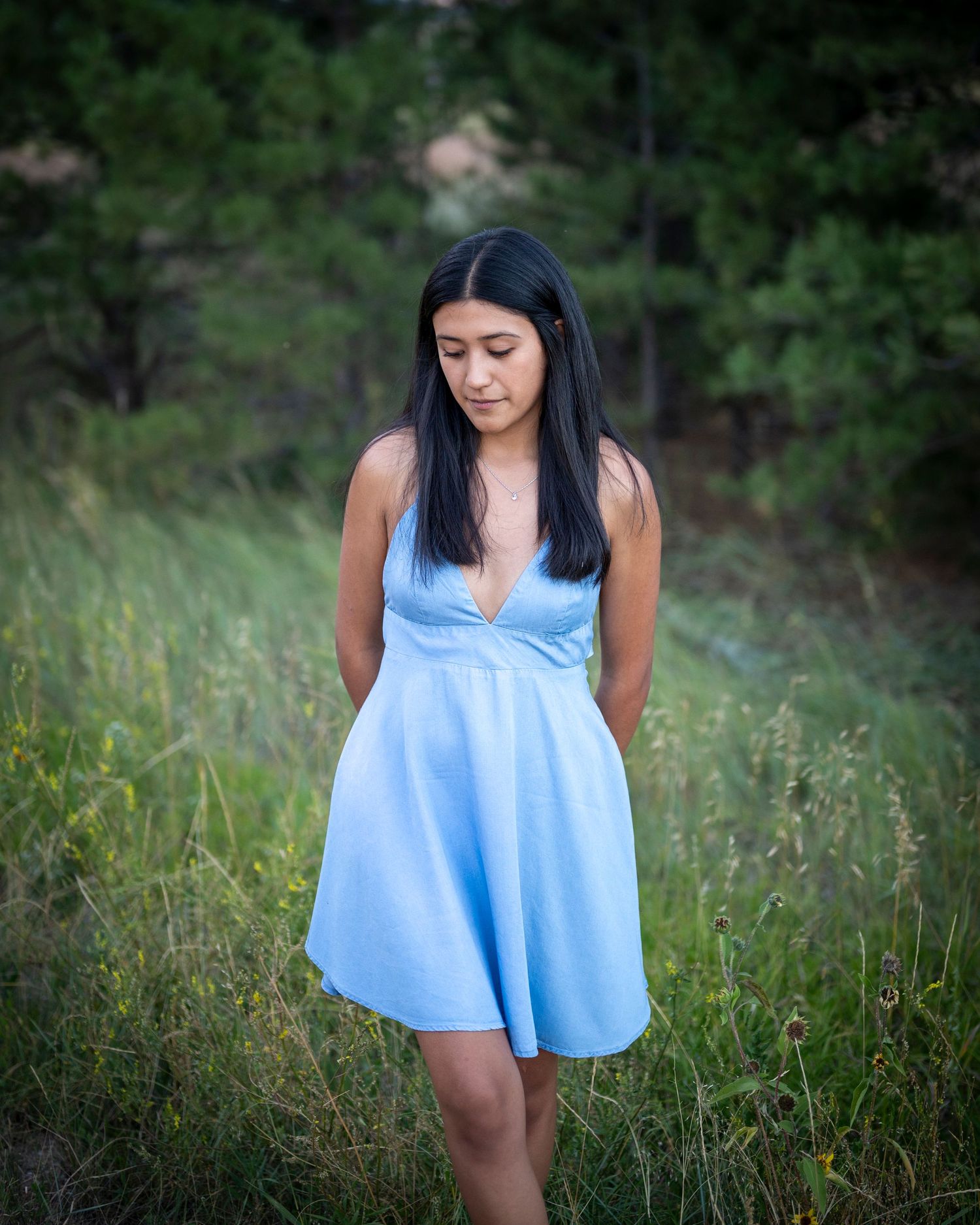 Young woman in light blue fit-and-flare dress standing in a natural meadow with tall grass and trees.