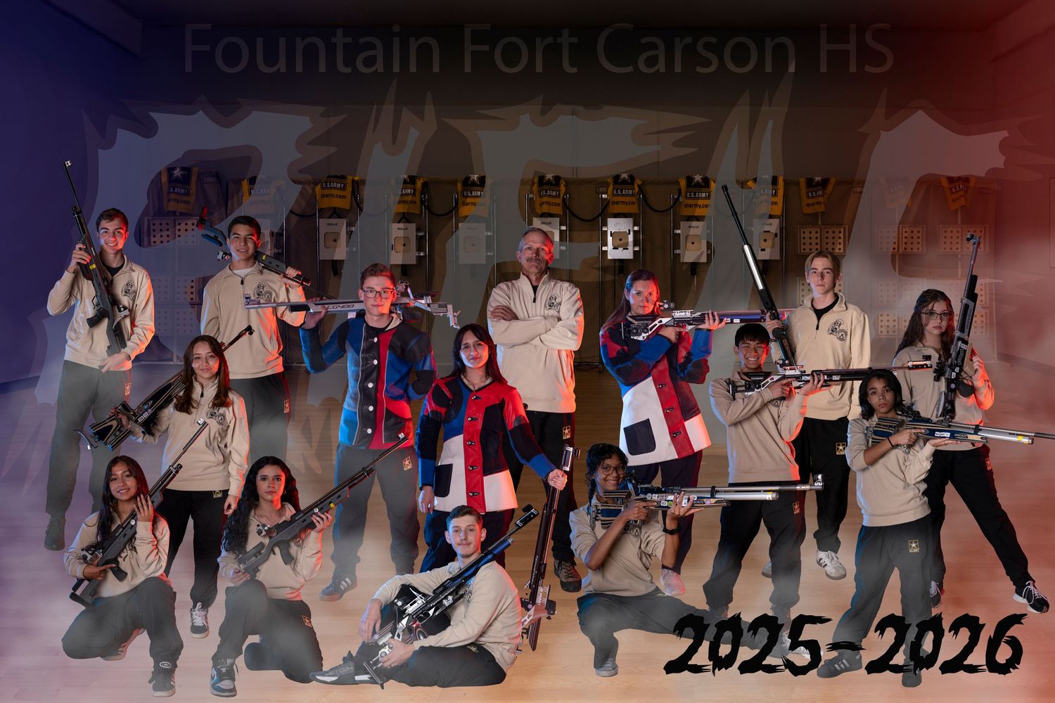 Fountain Fort Carson HS rifle team poses with rifles for 2025-2026 season photo.