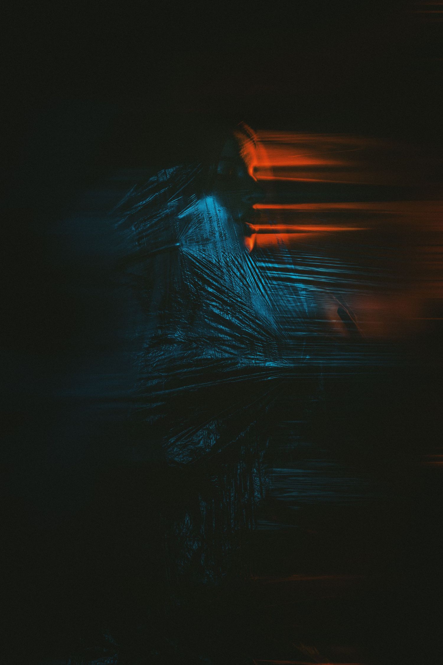 Dark abstract image of palm leaves illuminated by blue and orange neon lights in darkness.