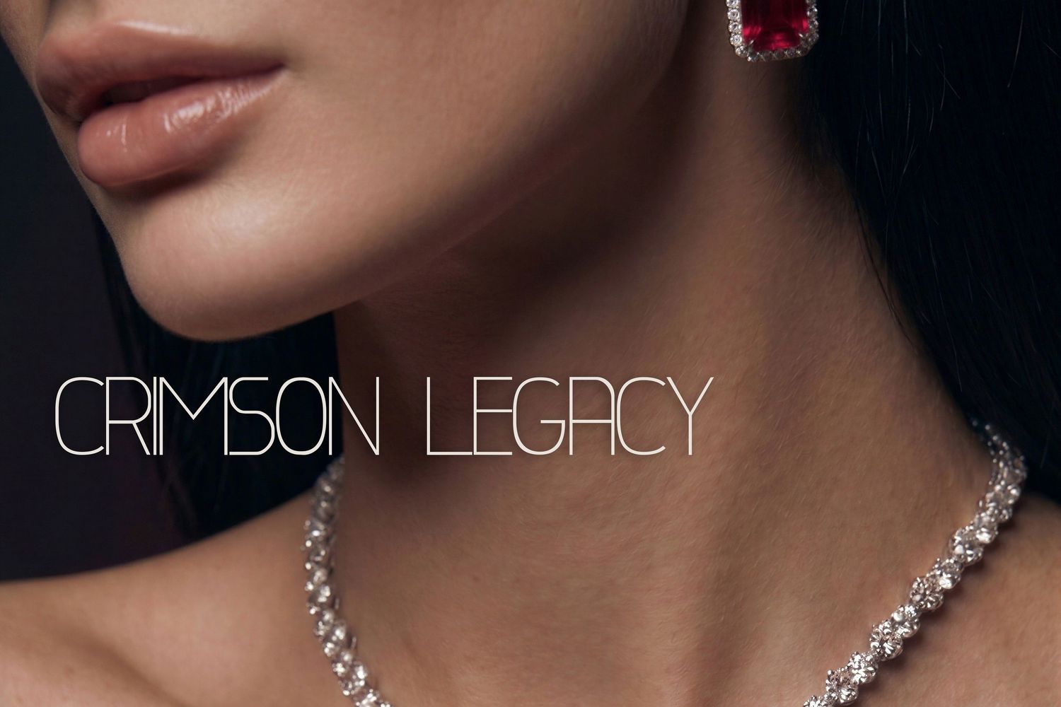 Woman wearing Crimson Legacy diamond necklace and ruby earrings, elegant luxury jewelry close-up.
