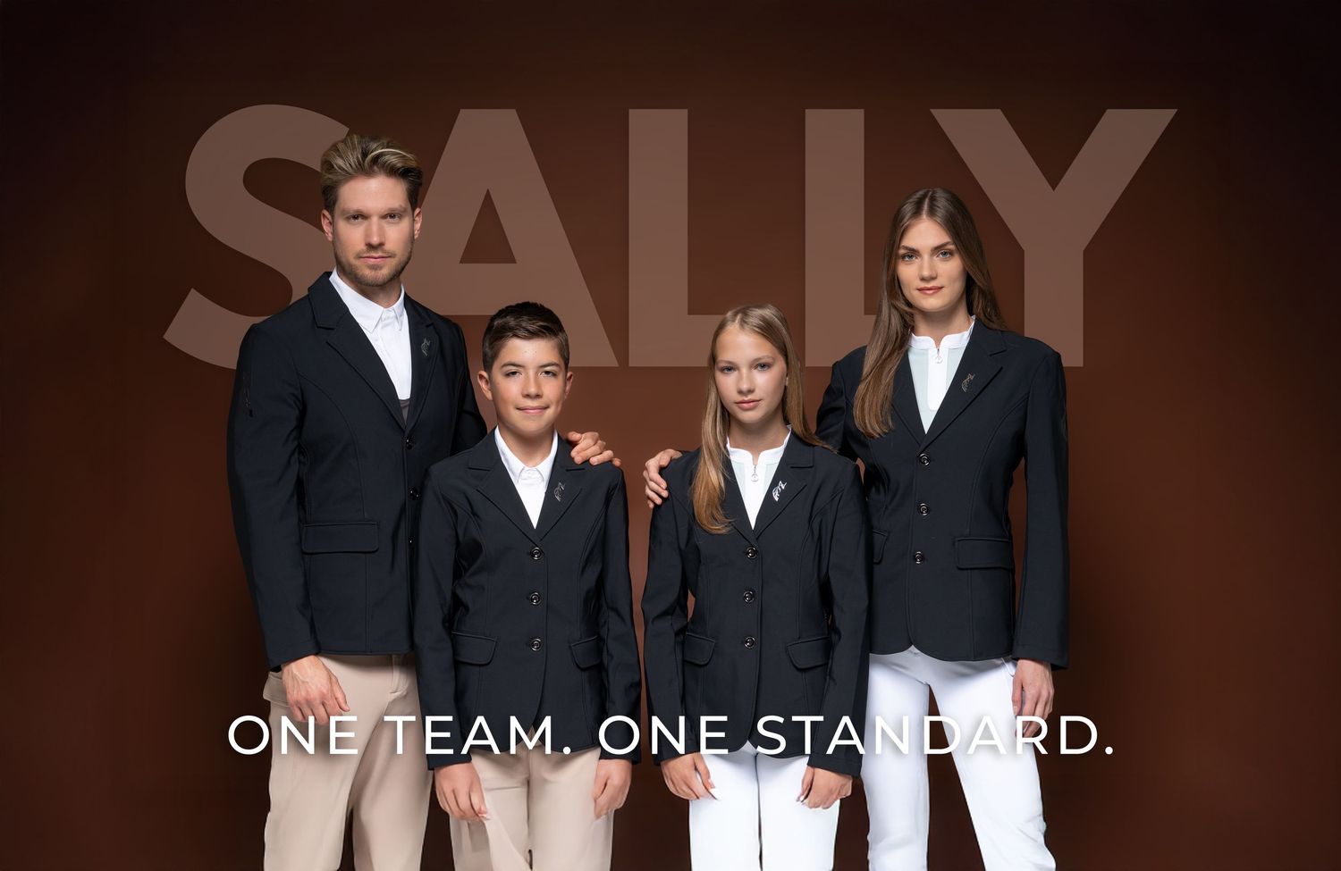 Sally equestrian brand ad featuring a family of four in matching navy blazers with tagline One Team One Standard.