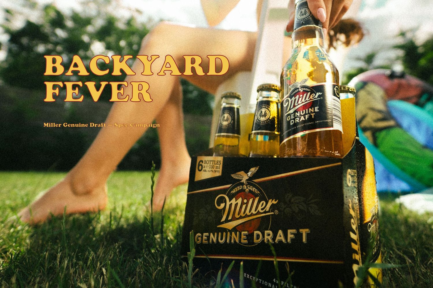 A six-pack of Miller Genuine Draft beer bottles on grass during a backyard gathering with text reading Backyard Fever.