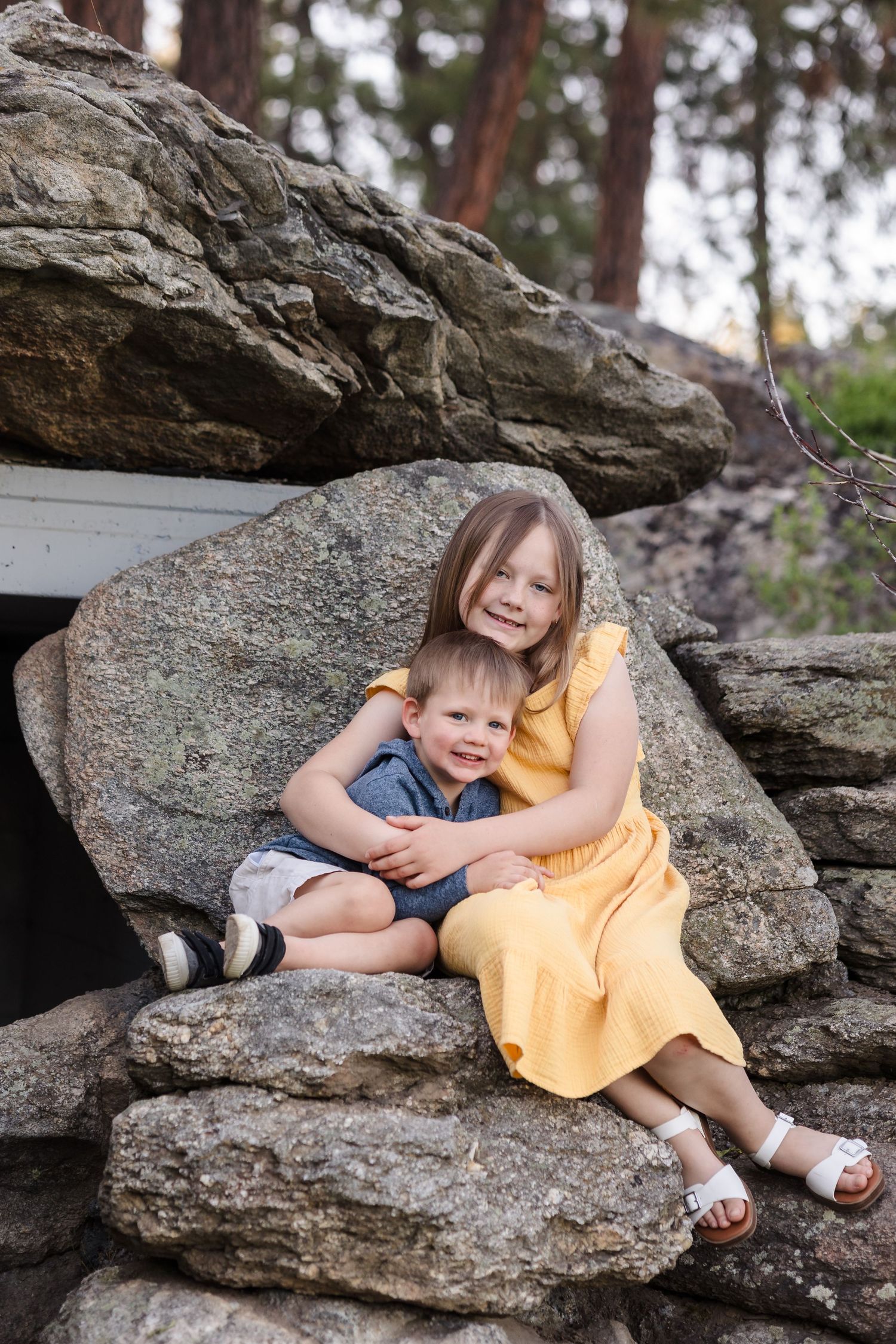 A smiling girl in a yellow dress hugs a toddler boy on rocky steps surrounded by pine trees.