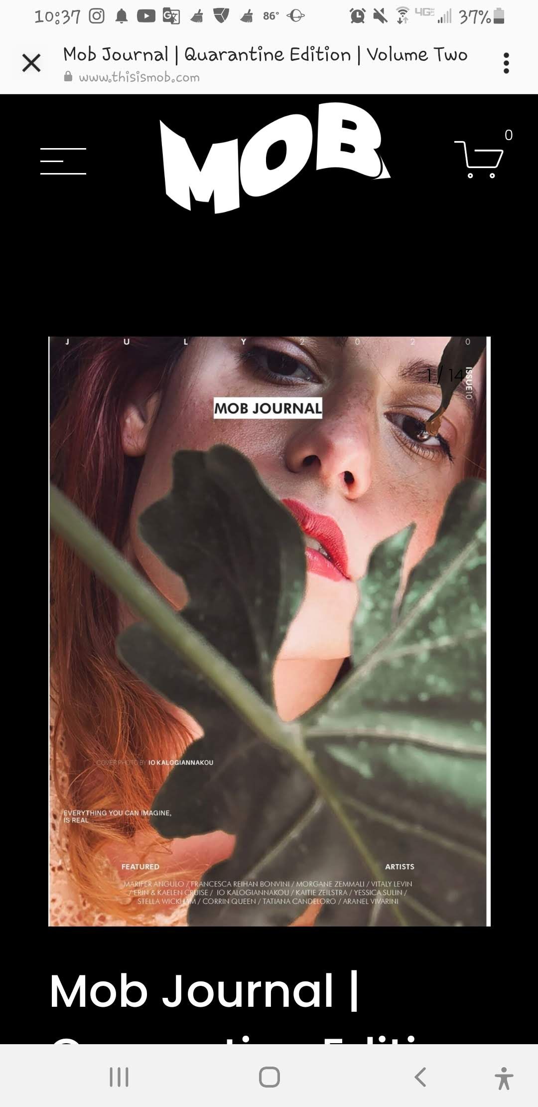 Mob Journal Quarantine Edition Volume Two magazine cover featuring a woman partially hidden by a leaf.