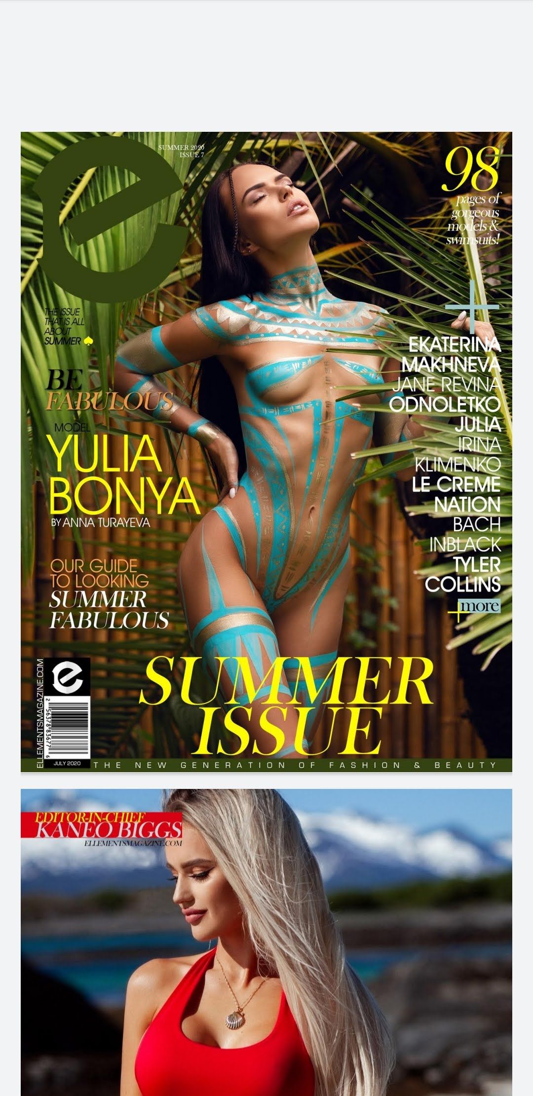 Magazine covers featuring Yulia Bonya in body paint for a summer fashion issue.
