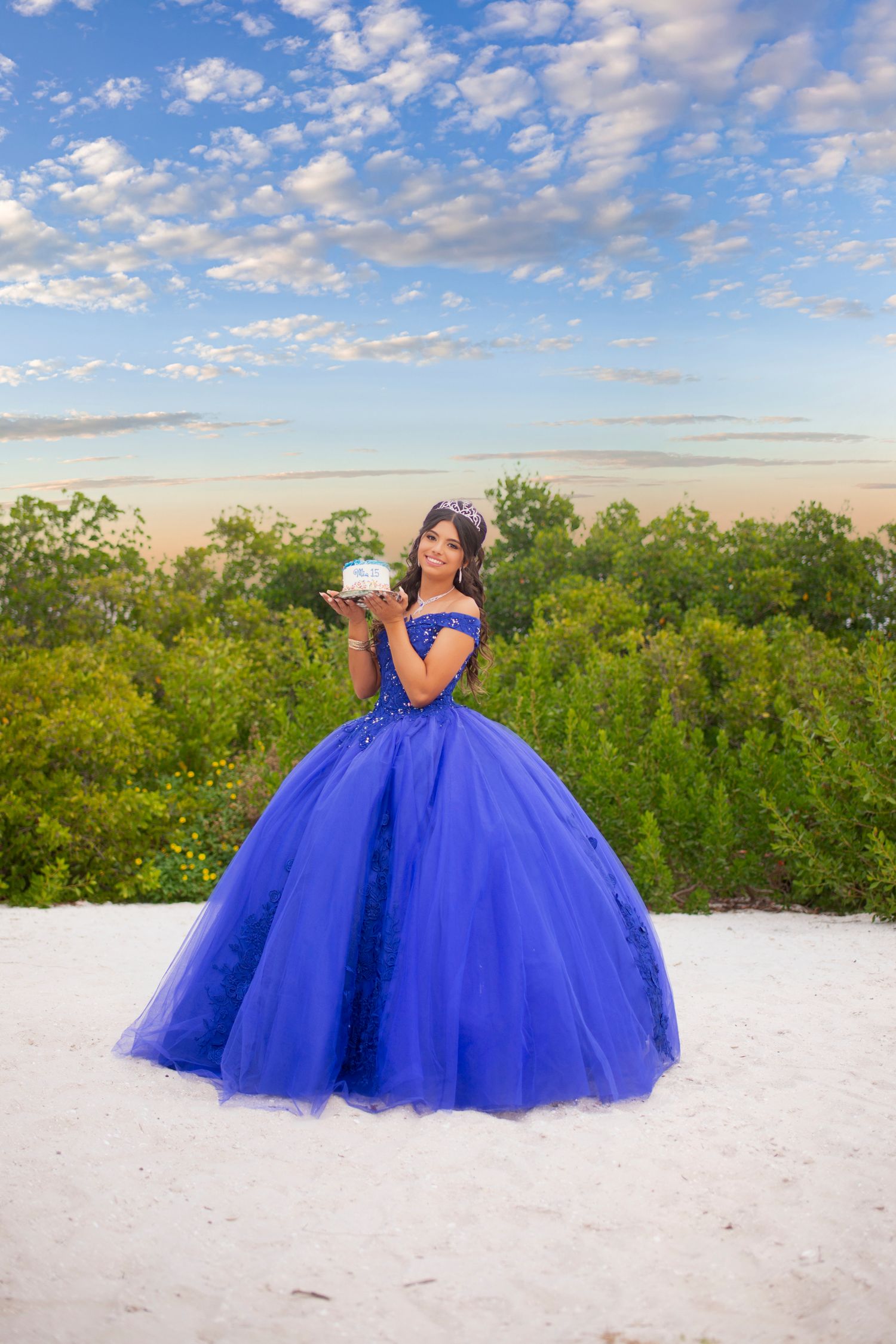 A young woman in a royal blue ball gown holds a cake on a white sand beach.