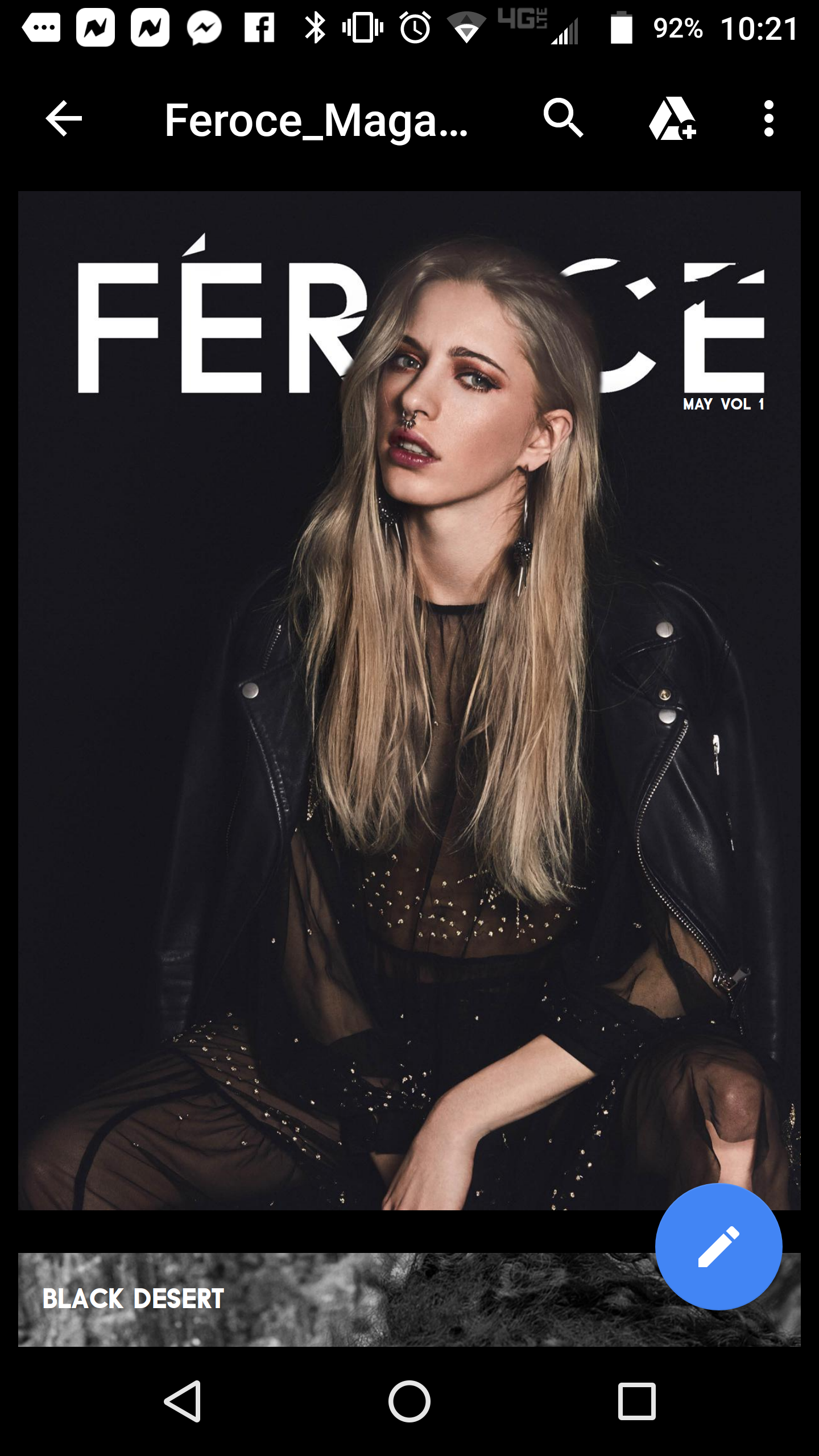 A blonde woman in a black leather jacket poses on the cover of Feroce Magazine.
