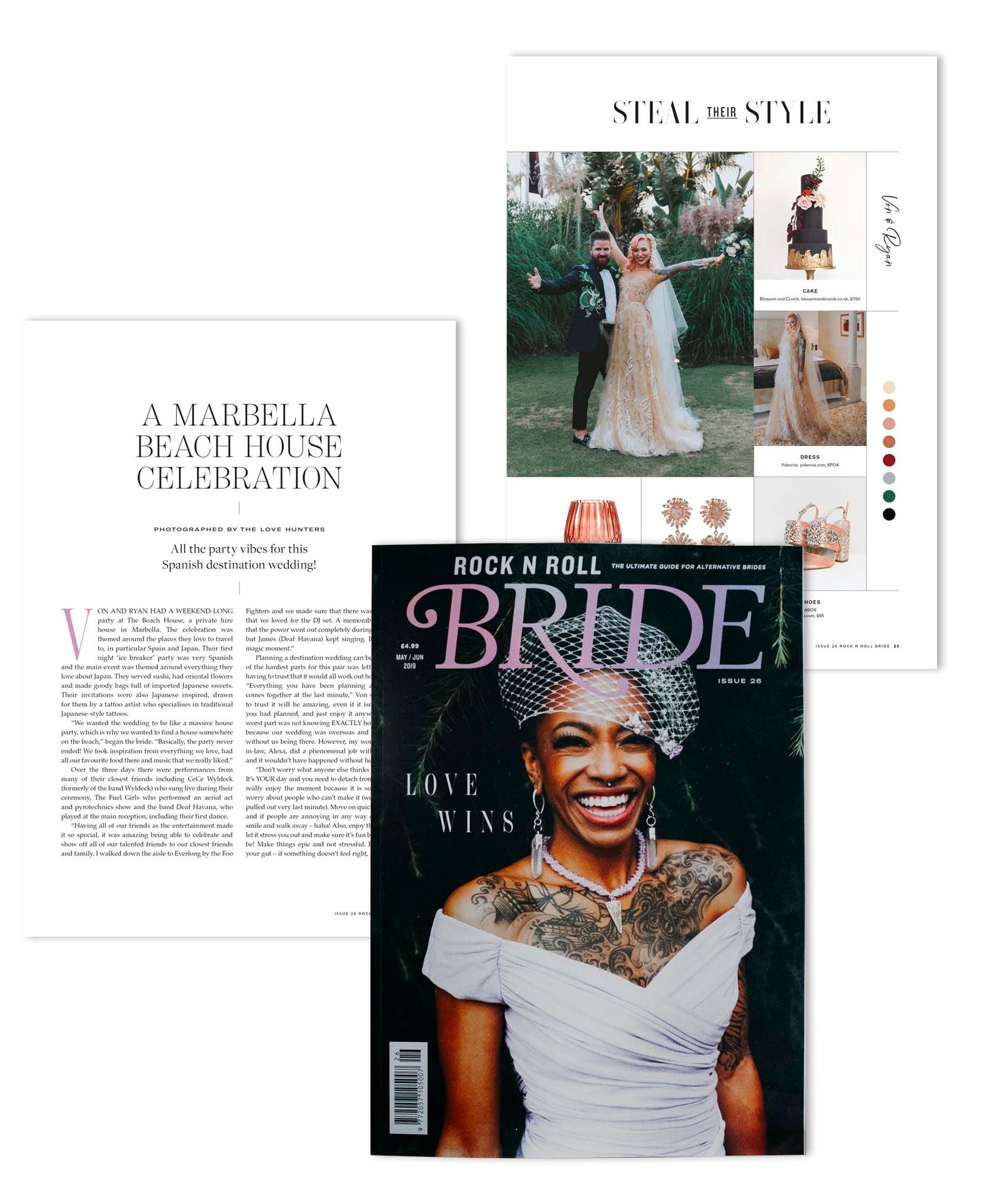 Magazine spread featuring Rock n Roll Bride publication with layout designs and wedding photography.