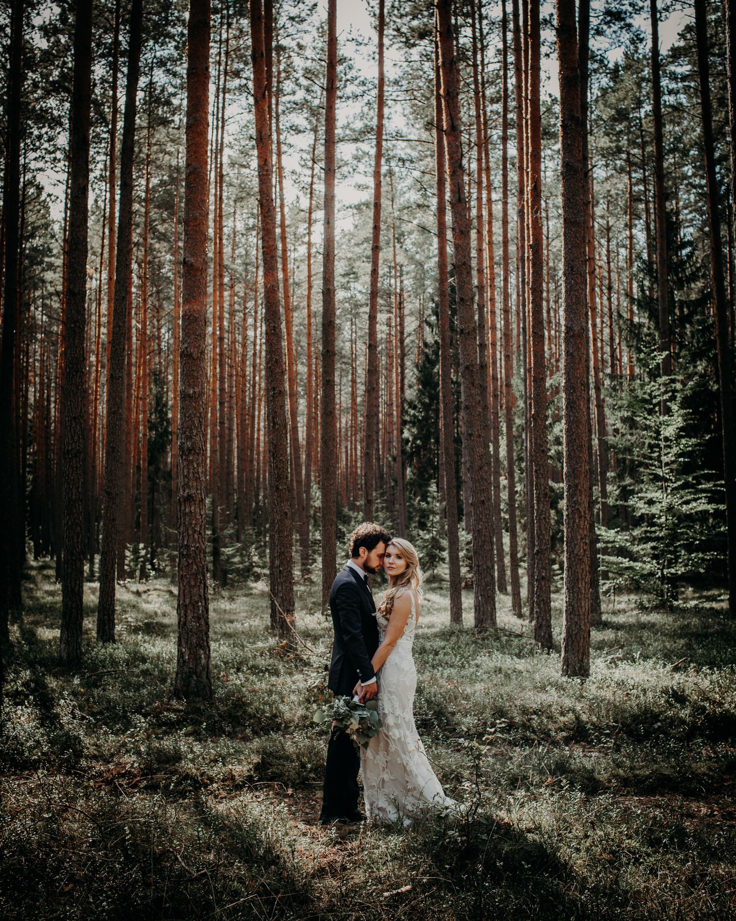 A romantic wedding portrait in a misty pine forest.
