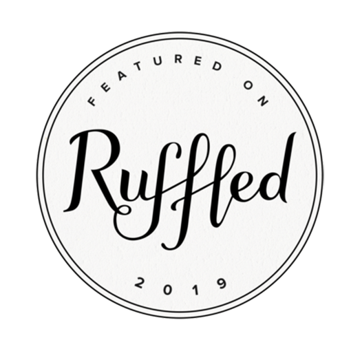 Circular black and white badge logo for Ruffled wedding blog featuring elegant cursive typography and 2019 text.