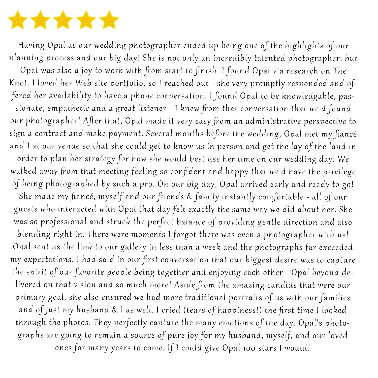 A glowing five-star wedding photographer review praising Opal for her talent, professionalism, and ability to capture emotional moments.