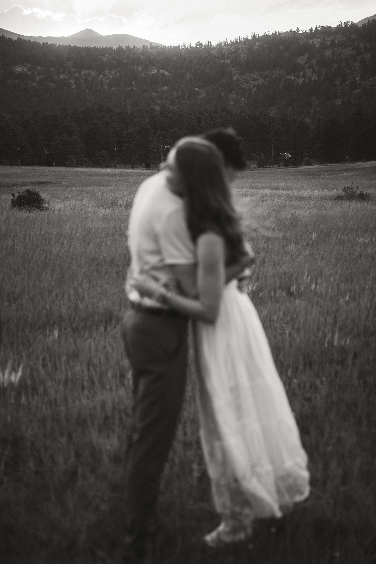 Black and white photo of a couple embracing in a meadow with mountains and forest in the background.