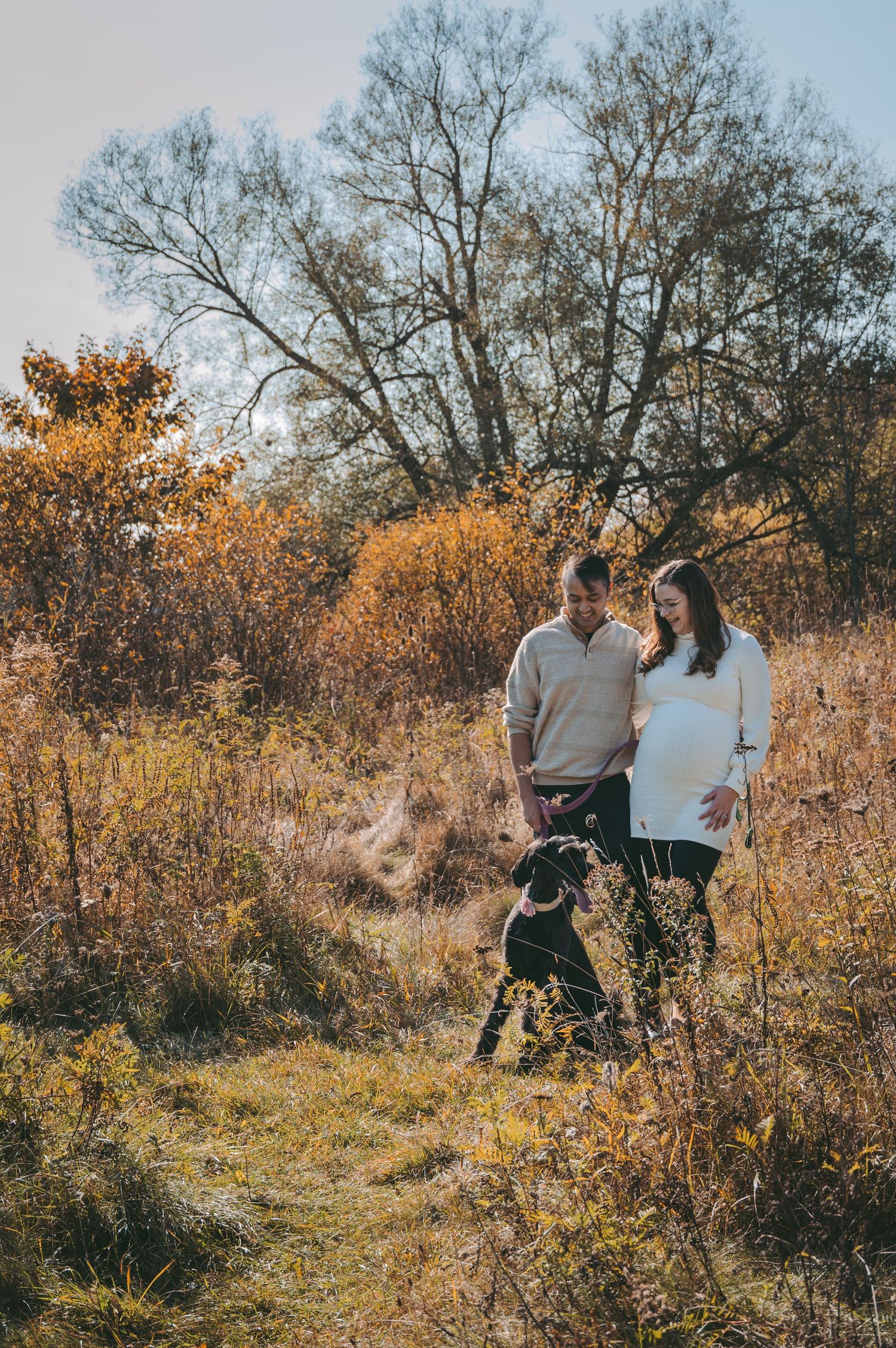Family explores golden autumn field together during outdoor photo session.