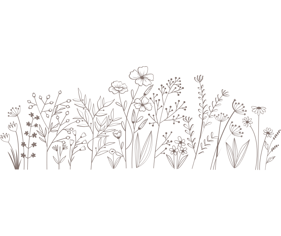 Simple hand-drawn floral border with delicate wildflowers and botanical elements arranged in a horizontal line.