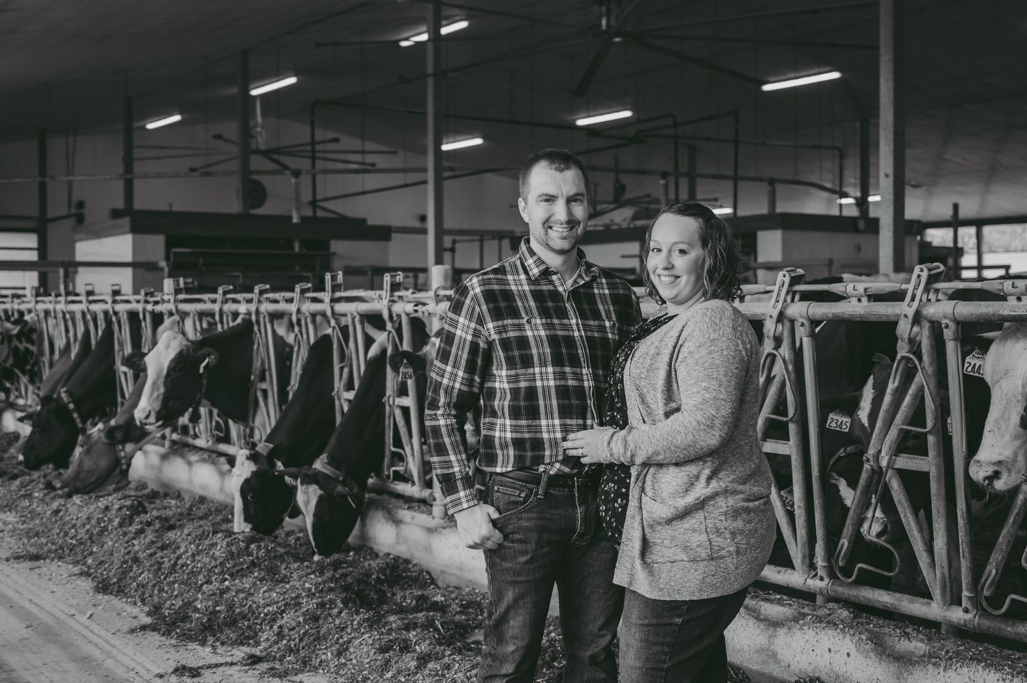 Couple standing together in a dairy barn with cattle stalls visible in the background.