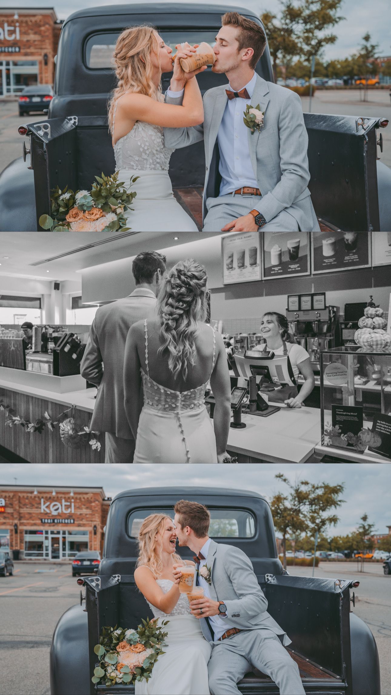 A romantic wedding photo collection featuring a vintage truck, Starbucks stop, and a couple sharing intimate moments in an outdoor setting.
