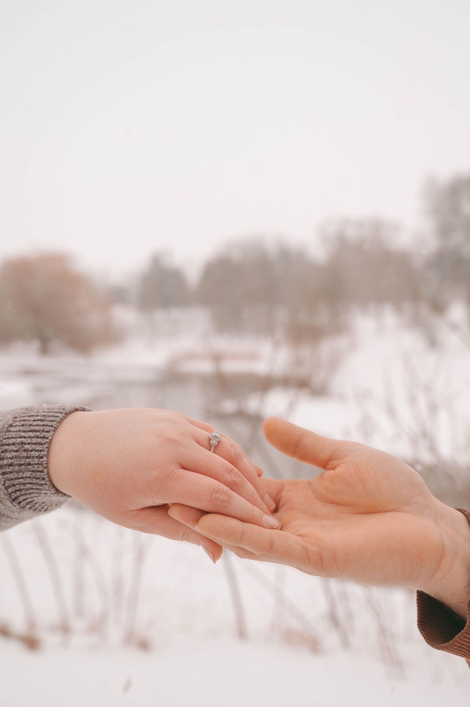 Close-up of hands exchanging ring in winter setting with snowy background.