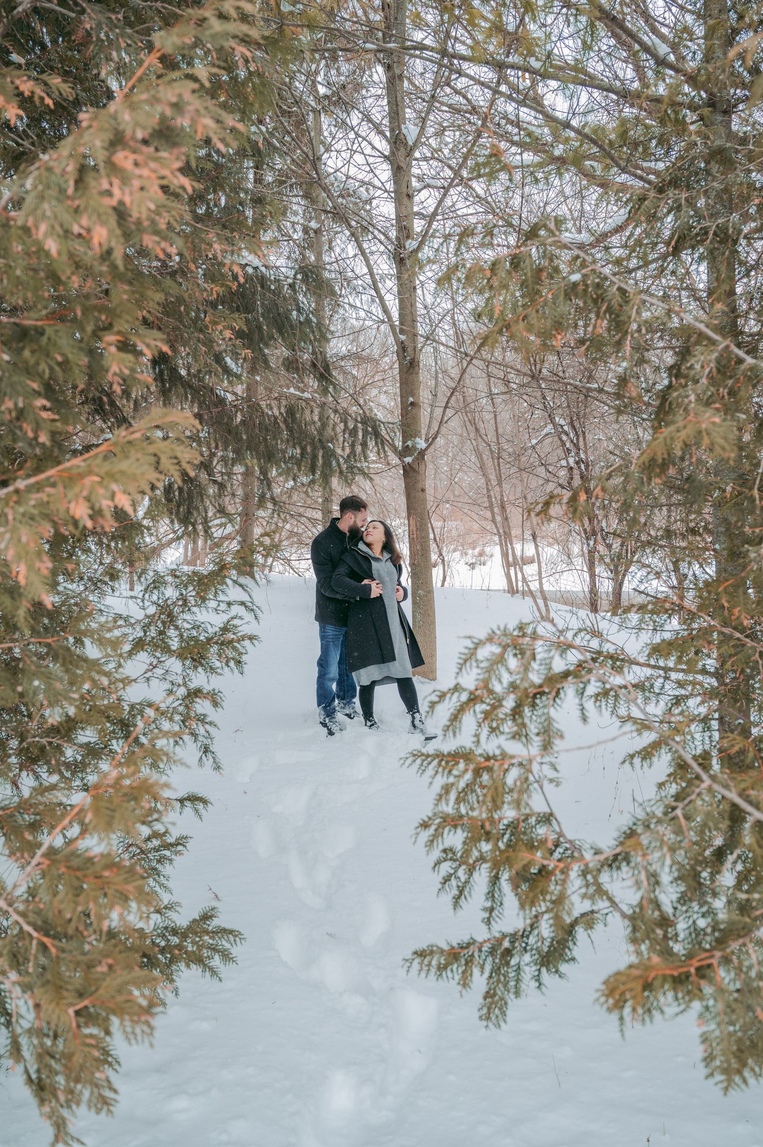 Romantic winter scene with snow-covered trees and gentle interaction between two people.