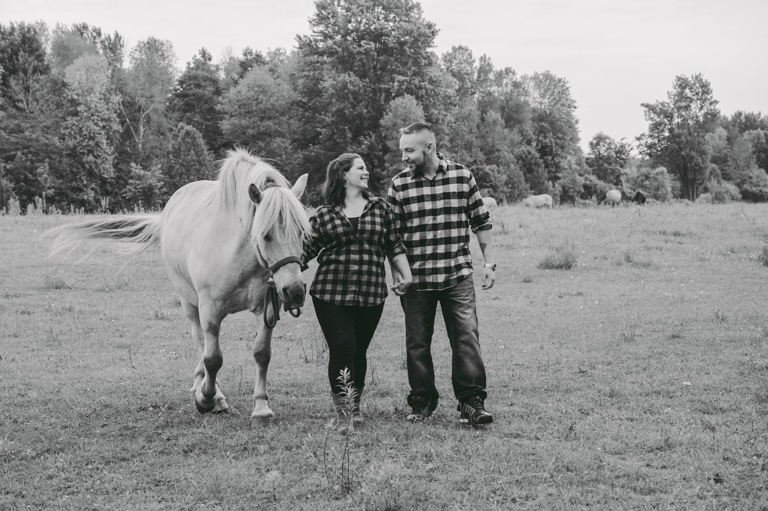 A black and white photo of a couple walking with their white horse in a pastoral field.