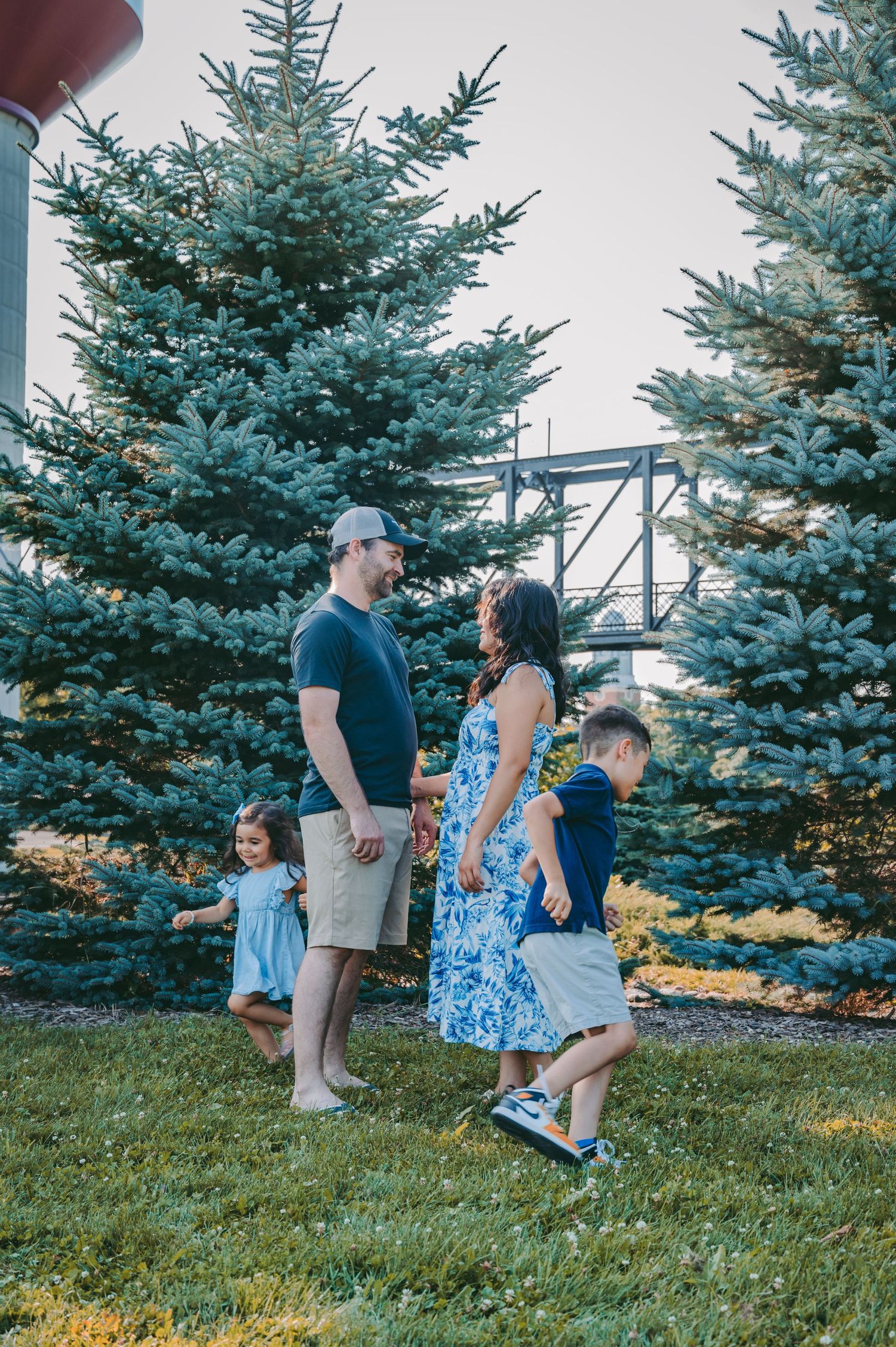 A family group interacts together on a grassy slope with blue spruce trees in the background.