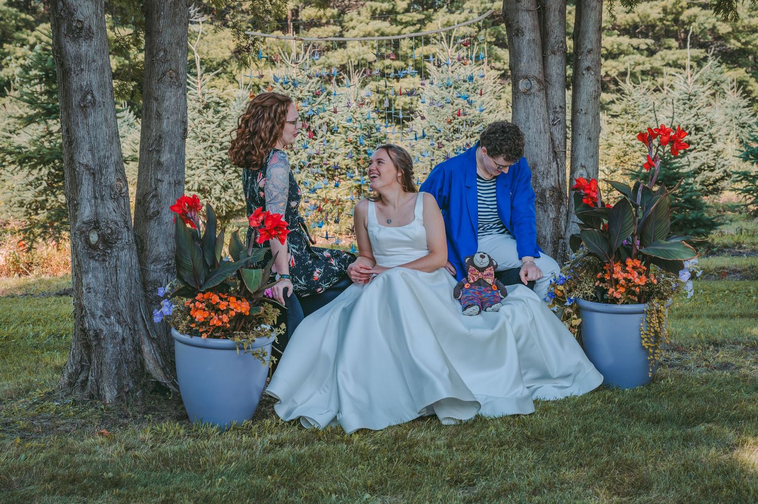 Outdoor wedding scene with decorative floral arrangements in blue planters by tree trunks.