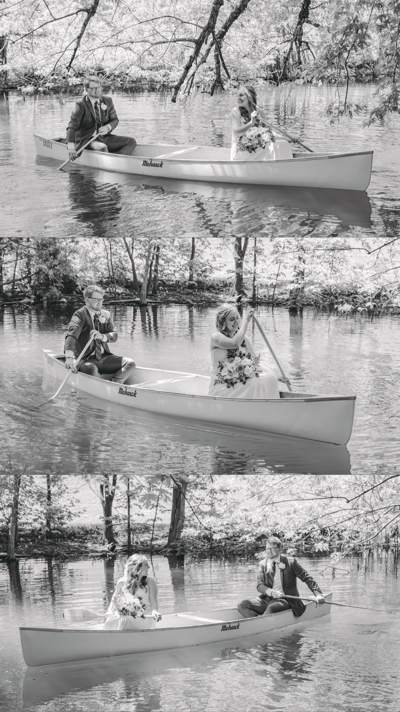A couple paddling together in a canoe on a serene river, shown in three black and white photographs.