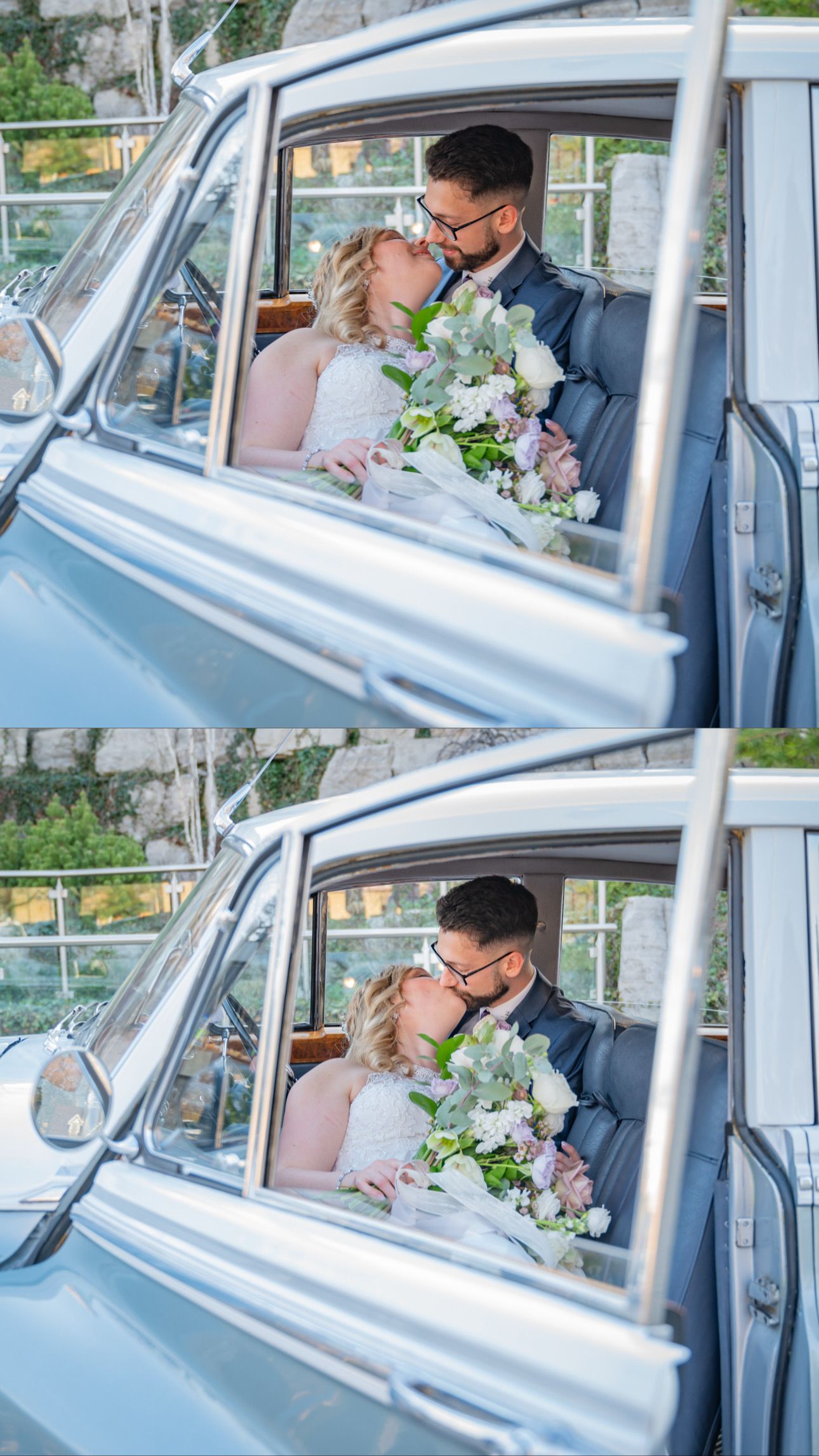 Romantic newlywed couple sharing tender moments inside a classic light blue vintage car with floral bouquet.