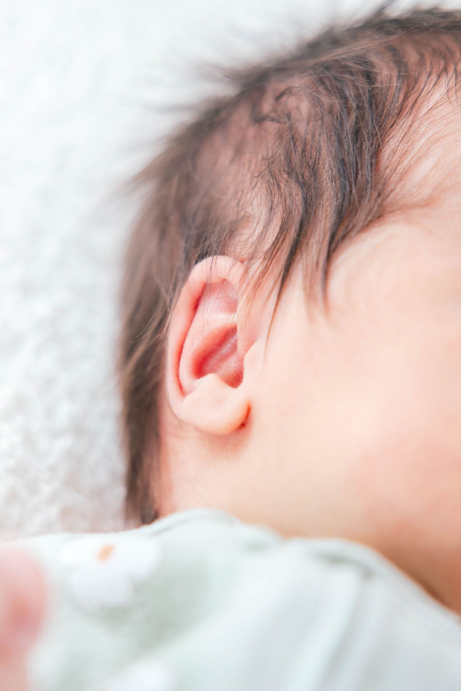 Close-up macro shot of tiny baby ear and dark hair against white background.