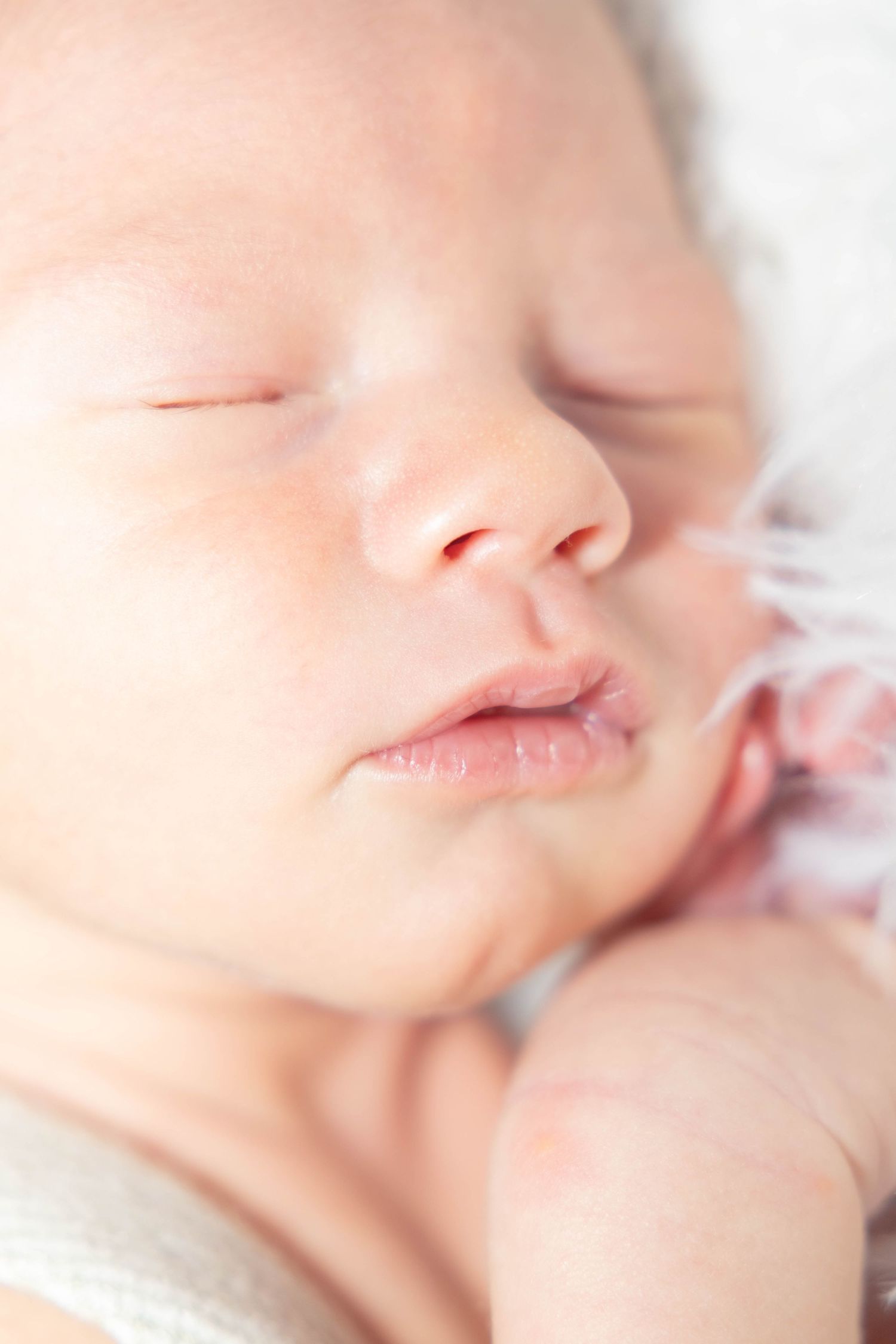 Peaceful sleeping newborn baby's face with soft natural lighting.