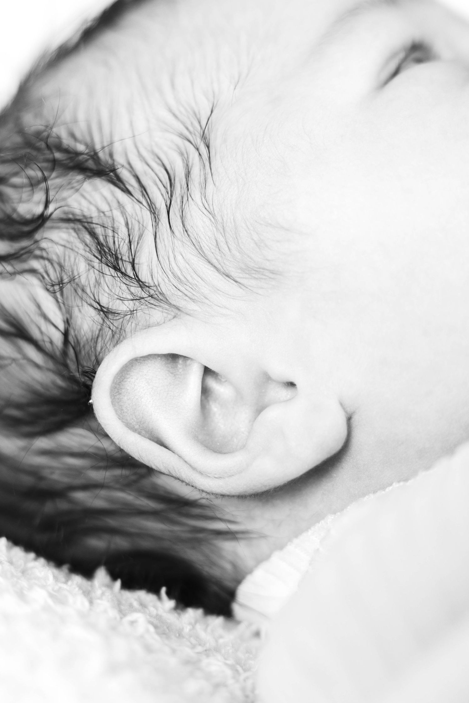 Close-up black and white photo of a baby's ear showing delicate details and soft skin texture.