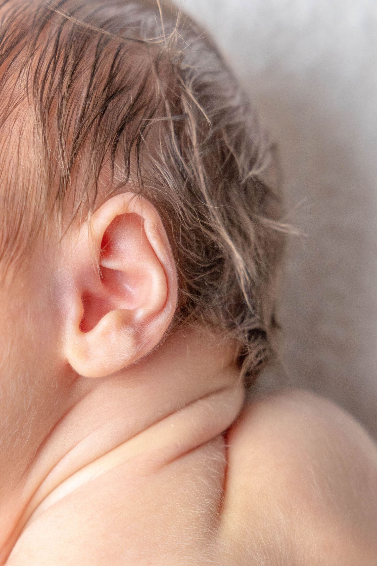 Close-up macro shot of baby's ear and soft hair.