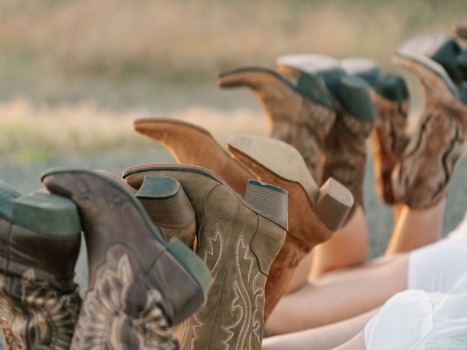 A row of colorful cowboy boots lined up together outdoors in warm golden light.