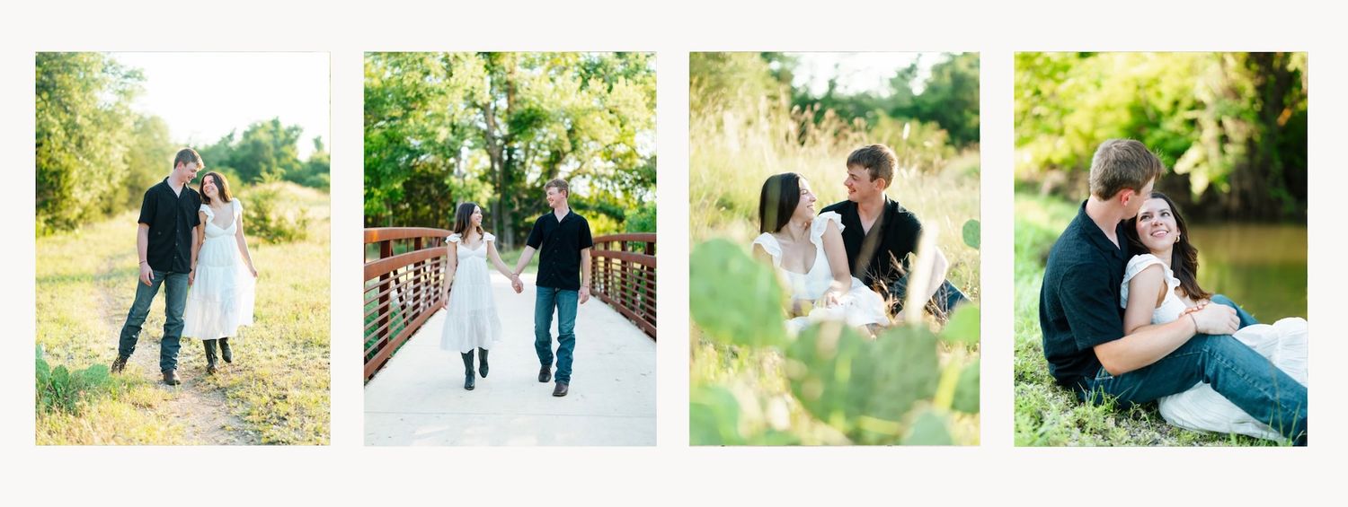 Couple in casual black and white outfits share tender moments on a wooden bridge in nature.